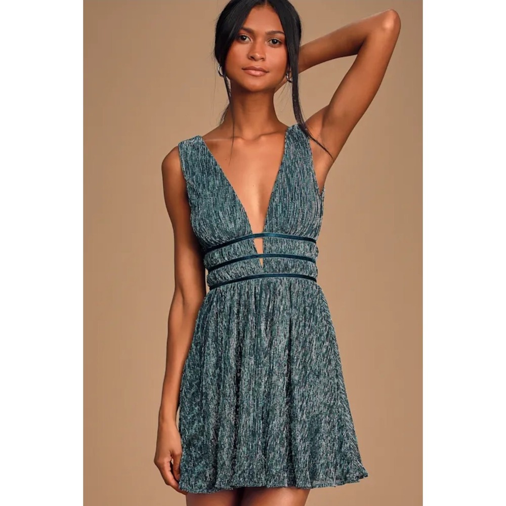 Lulus Smokeshow Teal Metallic Mini Dress‎ Size XS - Picture 2 of 12